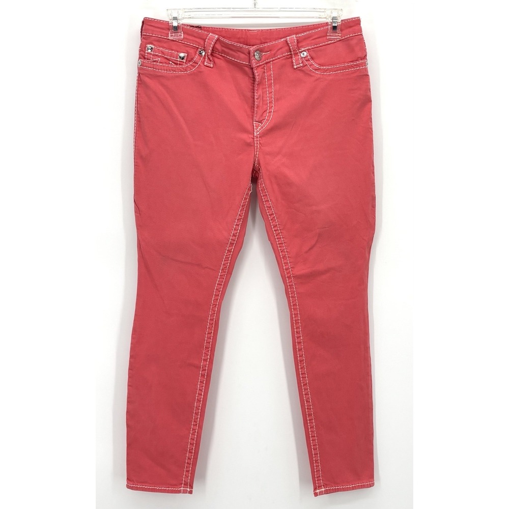True Religion Section Curvy Skinny Jeans Size 34 Poppy Red Contrast Stitching